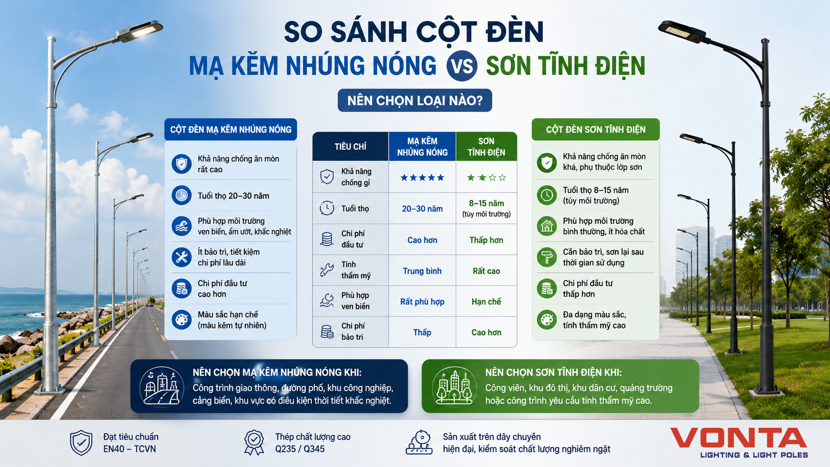 So sánh cột đèn mạ kẽm nhúng nóng và cột đèn sơn tĩnh điện